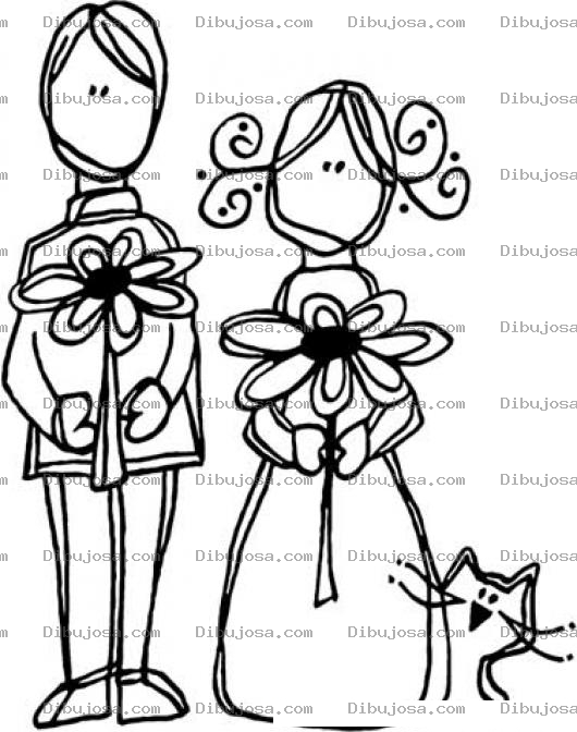 Dibujo para colorear Novio Novia Y Gato Para Pintar Y Colorear