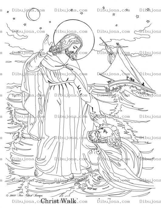Dibujo para colorear pintar dibujo de Jesus  camimando sobre el mar