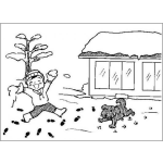 Dibujo para colorear Juegos De Nieve Dibujo De Nino Jugando Con Su Perro En La Nieve En Frente De Su Casa Para Pintar Y Colorear
