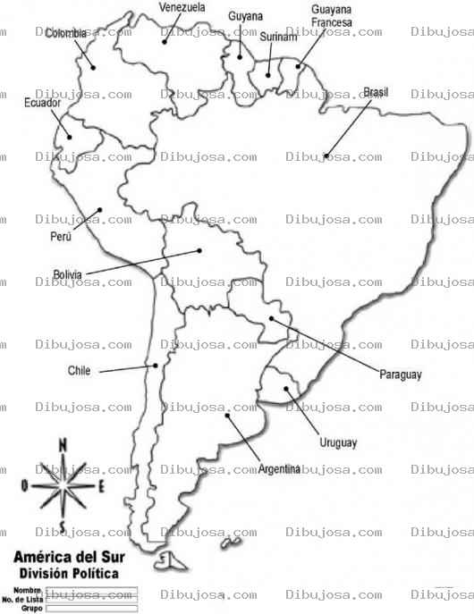 Dibujo para colorear Colorear Mapa de Suramerica con todos los paises de sudamerica