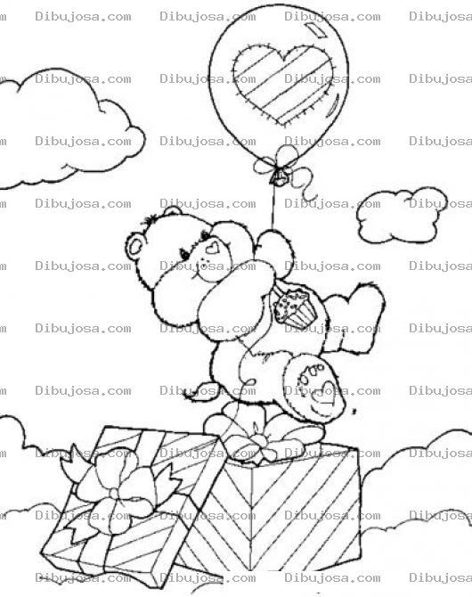 Dibujo para colorear Dibujo De Osito Carinosito Flotando En Un Globo De Helio Sobre Un Regalo Para Pintar Y Colorear