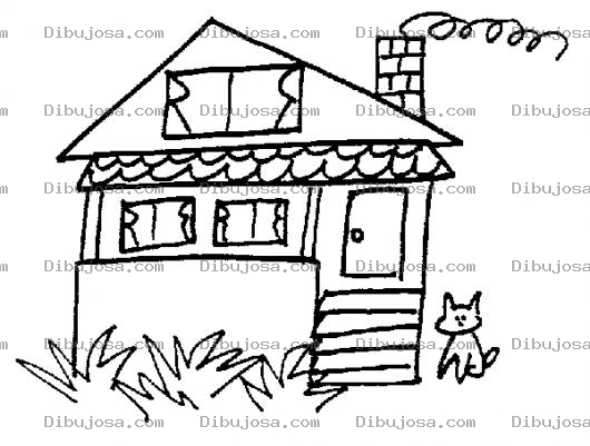 Dibujo para colorear Dibujo De Una Casita Con Un Gato En El Patio Para Pintar Y Colorear