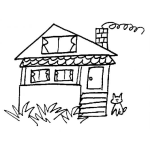 Dibujo para colorear Dibujo De Una Casita Con Un Gato En El Patio Para Pintar Y Colorear