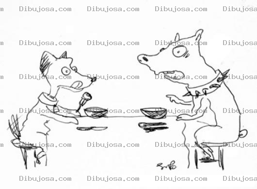 Dibujo para colorear Dibujo De Perro Y Cerdo Comiendo Juntos En La Mesa Para Pintar Y Colorear