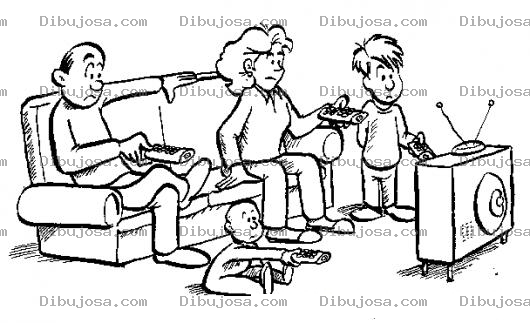 Dibujo para colorear Todos Con Control Remoto Dibujo De Una Familia Viendo Tele Para Pintar Y Colorear