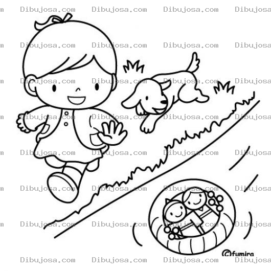 Dibujo para colorear Dibujo De Nina Jugando Munecas En Un Rio Con Su Perrito Para Pintar Y Colorear