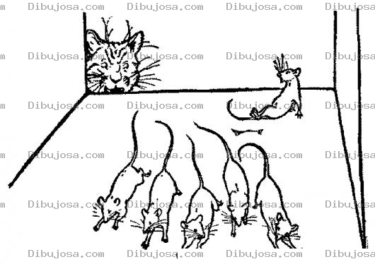 Dibujo para colorear Dibujo De 6 Ratones Asustados Por El Gato Para Pintar Y Colorear