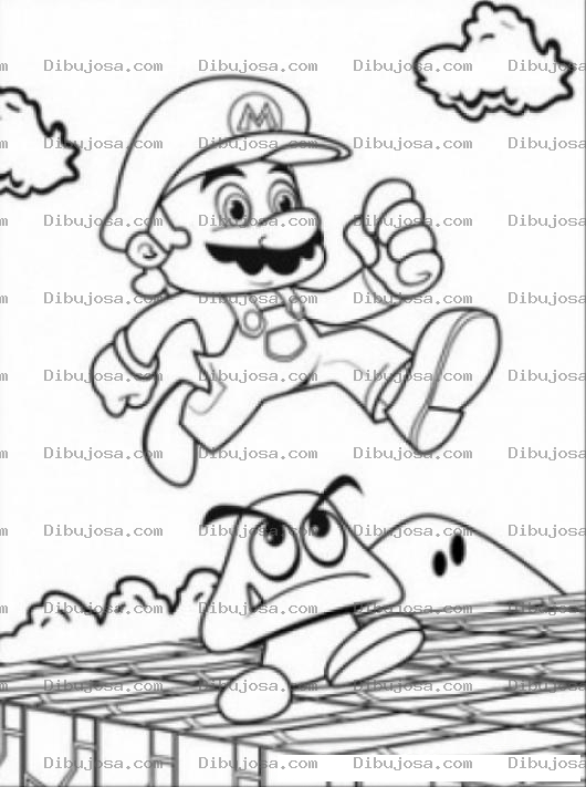 Dibujo para colorear Colorear a Mario Bros saltando sobre un hongo