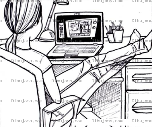 Dibujo para colorear Dibujo De Chica En Su Laptop Viendo Videos Para Pintar Y Colorear