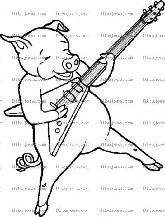 Dibujo para colorear Dibujo De Cerdo Rockero Para Pintar Y Colorear Marrano Chancho Cochinito Tocando Guitarra