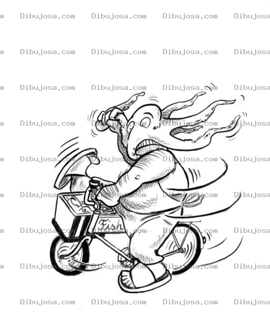 Dibujo para colorear Vendedor De Pescado En Bicicleta Con Un Pulpo En La Cara Para Colorear