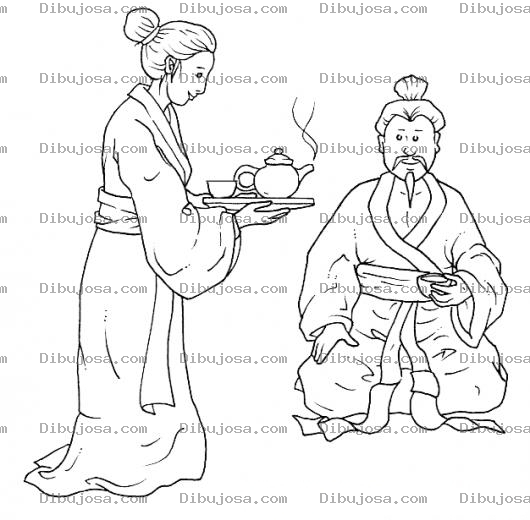 Dibujo para colorear Dibujo De Chinita Sirviendole Te A Su Esposo En Una Tetera Para Pintar Y Colorear La Hora Del Te