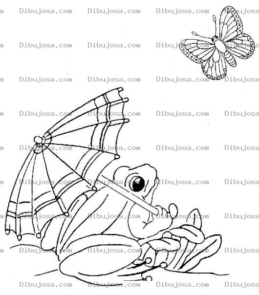 Dibujo para colorear Dibujo De Rana Con Sombrilla Deseando Comerse Una Mariposa Para Colorear