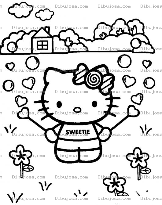 Dibujo para colorear Dibujo De Hello Kitty Haciendo Burbujas De Corazones Para Pintar Y Colorear