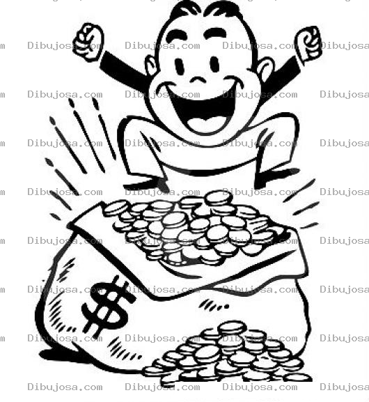 Dibujo para colorear Dinero Dibujo De Hombre Rico Y Millonario Saltando Sobre Un Costal De Fichas Y Monedas De Oro Con Muchisimo Dinero Para Pintar Y Colorear