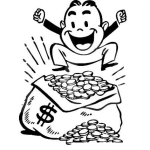 Dibujo para colorear Dinero Dibujo De Hombre Rico Y Millonario Saltando Sobre Un Costal De Fichas Y Monedas De Oro Con Muchisimo Dinero Para Pintar Y Colorear