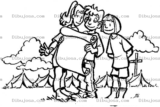 Dibujo para colorear Dibujo De Chicos Leyendo El Pergamino De Un Mapa En Pleno Campamento Para Pintar Y Colorear