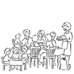 Dibujo para colorear Dibujo De Un Almuerzo Familiar Con Una Mesa Para Grandes Y Una Mesa Para Ninos Para Pintar Y Colorear