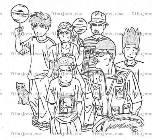 Dibujo para colorear Dibujo De Chicos Basquetbolistas Para Pintar Y Colorear Un Equipo De Baloncesto O Una Seleccion De Basketball Vestidos Con Ropa Casual