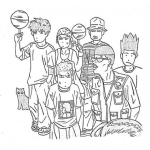 Dibujo para colorear Dibujo De Chicos Basquetbolistas Para Pintar Y Colorear Un Equipo De Baloncesto O Una Seleccion De Basketball Vestidos Con Ropa Casual