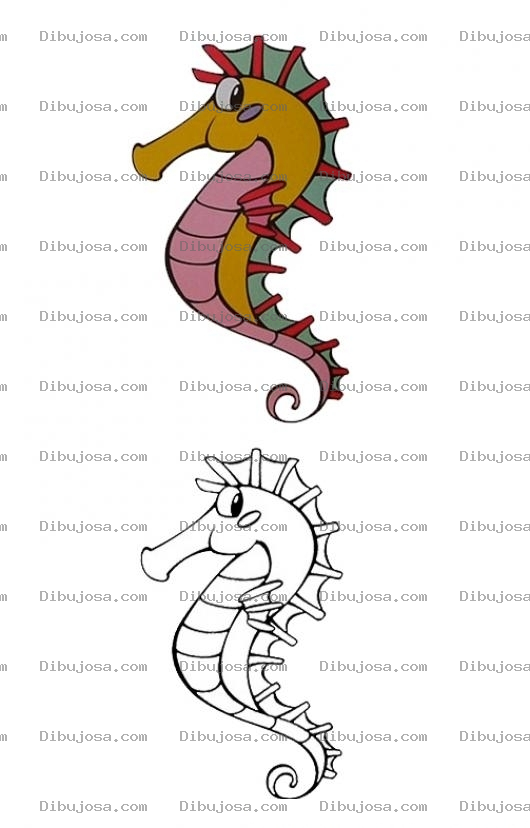 Dibujo para colorear Colorear caballito de mar con muestra final