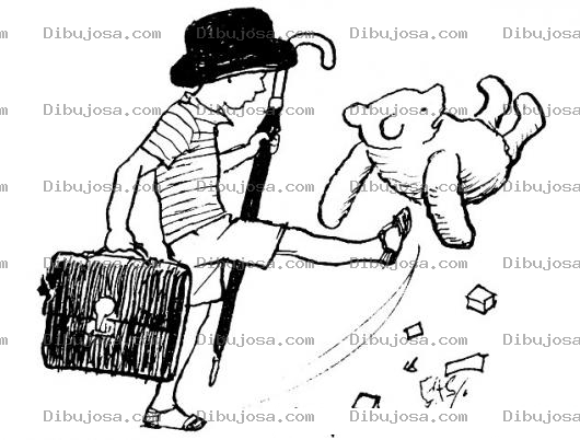 Dibujo para colorear Dibujo De Patada A Un Osito De Felpa Para Pintar Y Colorear Oso De Peluche Pateado Por Un Nino Que Se Va De Viaje