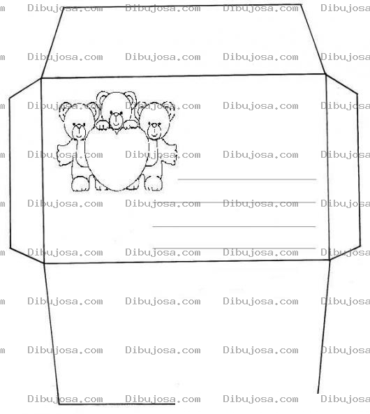 Dibujo para colorear Molde Para Hacer Un Sobre Con Tres Ositos Y Un Corazon Para Imprimir Pintar Recortar Y Doblar