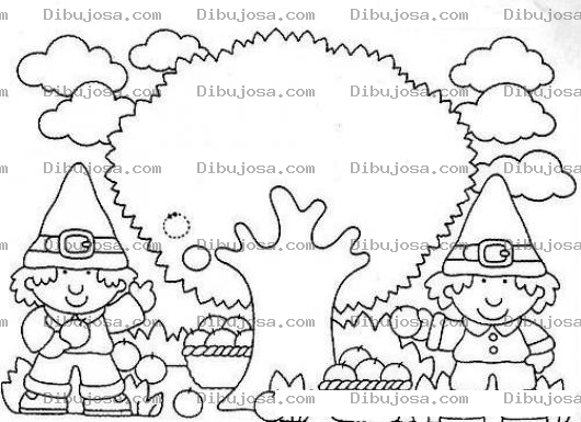 Dibujo para colorear Dibujo De Duendecitos Cortando Manzanas En Un Arbol De Mansanas Mansanaz