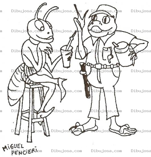 Dibujo para colorear Dibujo De Una Abeja Y Un Sapo Platicando En Un Bar Para Pintar Y Colorear A Un Picaro Sapo Queriendose Comer A La Abejita