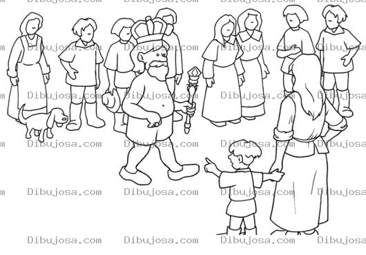 Dibujo para colorear Dibujo De Rey Caminando Sin Camisa En Medio De La Gente Del Pueblo Para Pintar Y Colorear