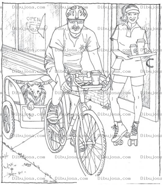 Dibujo para colorear Dibujo De Ciclista Paseando A Un Perro A La Par De Una Mesera En Patines Para Pintar Y Colorear