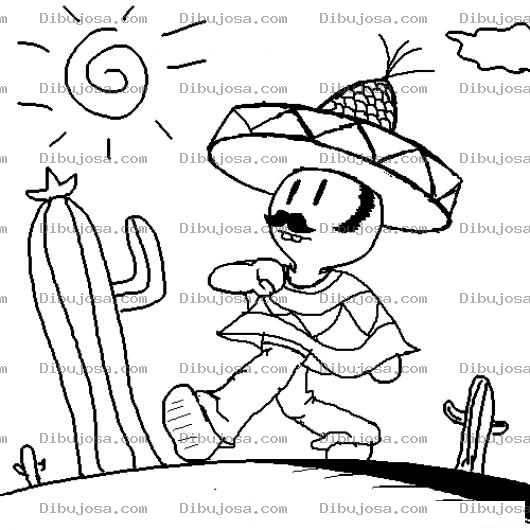 Dibujo para colorear Dibujo De Mexicano Caminando En Un Dia Soleado Con Sombrero Charro En Un Desierto Con Varios Cactus Para Pintar Y Colorear