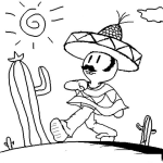 Dibujo para colorear Dibujo De Mexicano Caminando En Un Dia Soleado Con Sombrero Charro En Un Desierto Con Varios Cactus Para Pintar Y Colorear