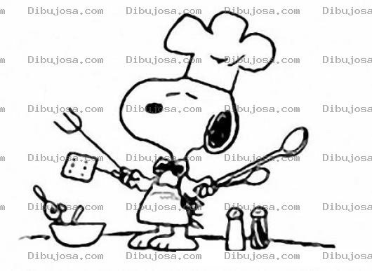 Dibujo para colorear Snoopy Cocinero Para Pintar Y Colorear A Snupy Vestido De Chef Con Implementos De Cocina