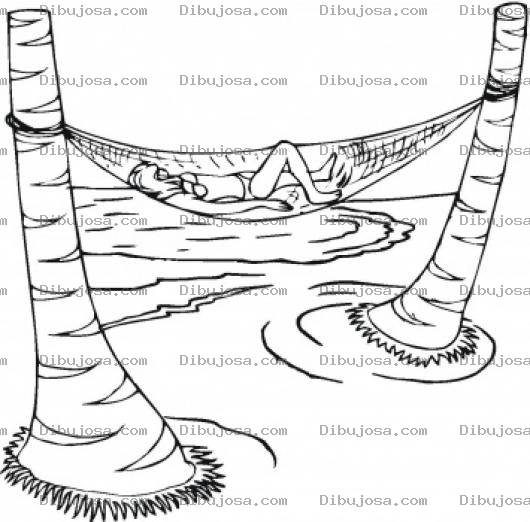 Dibujo para colorear Dibujo De Hamaca Amarrada Entre Dos Palmeras Frente Al Mar Para Pintar Y Colorear