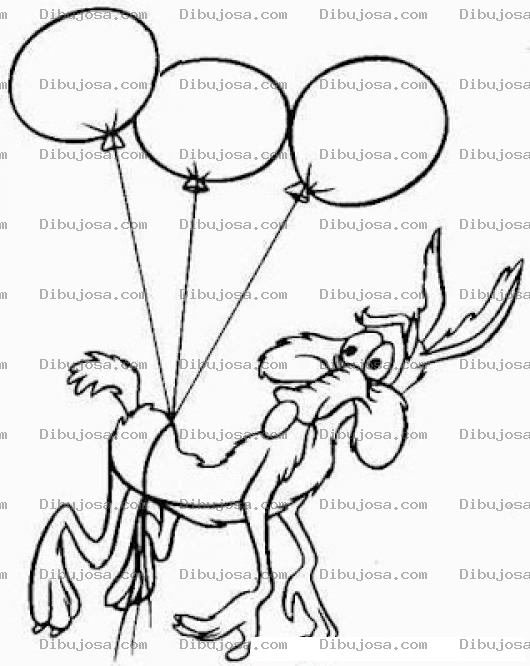 Dibujo para colorear Coyote De Correcaminos Flotando Con Tres Globos Aerostaticos Para Pintar Y Colorear