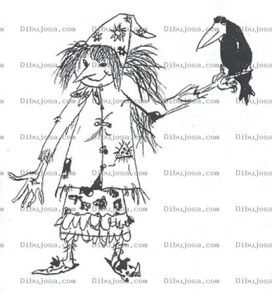 Dibujo para colorear Dibujo De Bruja Con Cuervo Para Pintar Y Colorear Mujer Espantapajaros Con Un Zanate En Su Mano
