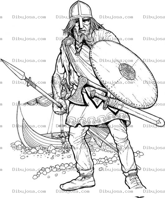 Dibujo para colorear Dibujo De Pirata Guerrero Para Pintar Y Colorear Vikingo Sin Cuernos Con Su Barco Al Fondo