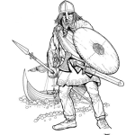 Dibujo para colorear Dibujo De Pirata Guerrero Para Pintar Y Colorear Vikingo Sin Cuernos Con Su Barco Al Fondo