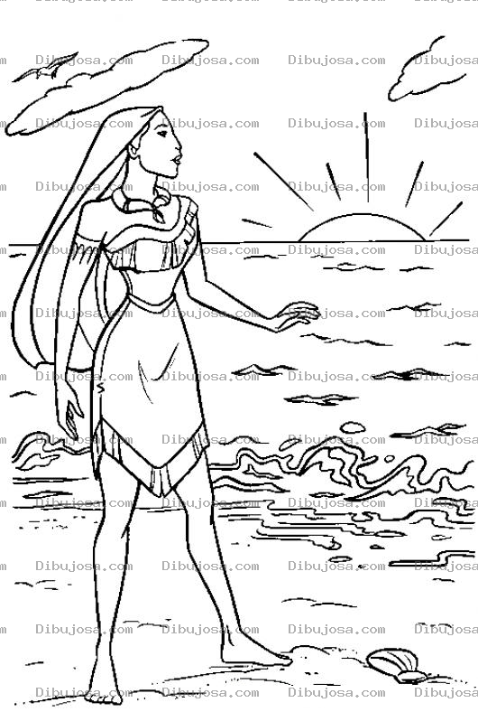 Dibujo para colorear Dibujo De La Princesa Pocahontas En La Playa Para Pintar Y Colorear Pocajontas Viendo Un Atardecer En El Mar Poca Hontas