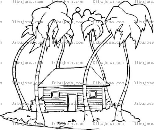 Dibujo para colorear Dibujo De Una Casita De Madera En Una Isla Tropical Para Pintar Y Colorear