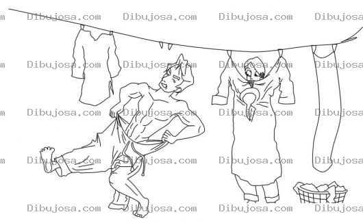 Dibujo para colorear Dibujo De Esposa Tendiendo Ropa Recien Lavada En El Lazo Del Tendedero Y Esposo Poniendose Un Pantalon Sin Planchar Para Pintar Y Colorear