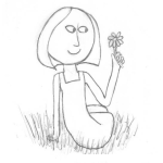Dibujo para colorear Dibujo De Una Mujer Sentada En Un Jardin Con Una Flor En Su Mano Para Pintar Y Colorear