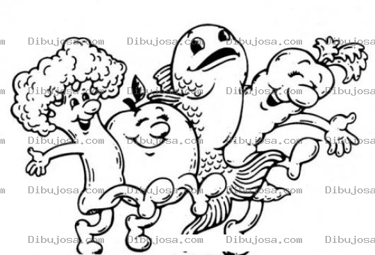 Dibujo para colorear Comida Saludable Dibujo De Vegetales Y Pescado Caminando Juntos Abrazados Para Pintar Y Colorear