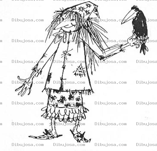 Dibujo para colorear Espantapajaros Dibujo De Mujer Espanta Pajaros Con Un Cuervo En Su Mano Para Pintar Y Colorear
