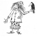 Dibujo para colorear Espantapajaros Dibujo De Mujer Espanta Pajaros Con Un Cuervo En Su Mano Para Pintar Y Colorear