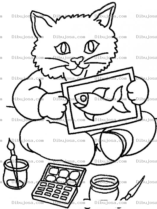 Dibujo para colorear Dibujo De Gato Dibujando Un Pescado Para Pintar Y Colorear