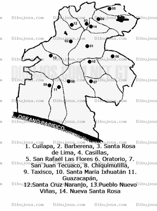 Dibujo para colorear Colorear Mapa del departamento de Santa Rosa, Lamina del Departamento de SantaRosa Guatemala