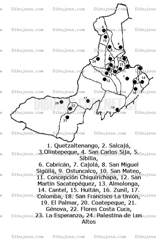 Dibujo para colorear Colorear Mapa del departamento de Quetzaltenango, Lamina del Departamento de QuetzaltenangoGuatemala