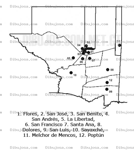 Dibujo para colorear Colorear Mapa del departamento de El Peten, Lamina del Departamento del Peten Guatemala